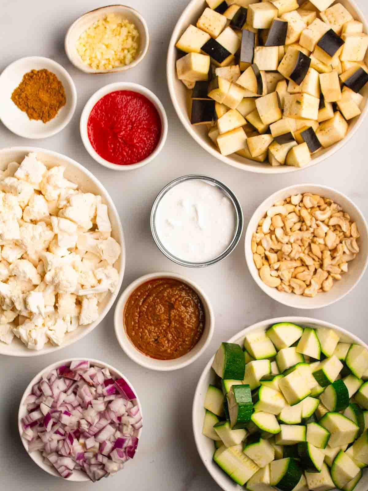 Ingredients for making a slow cooker vegetarian curry recipe.