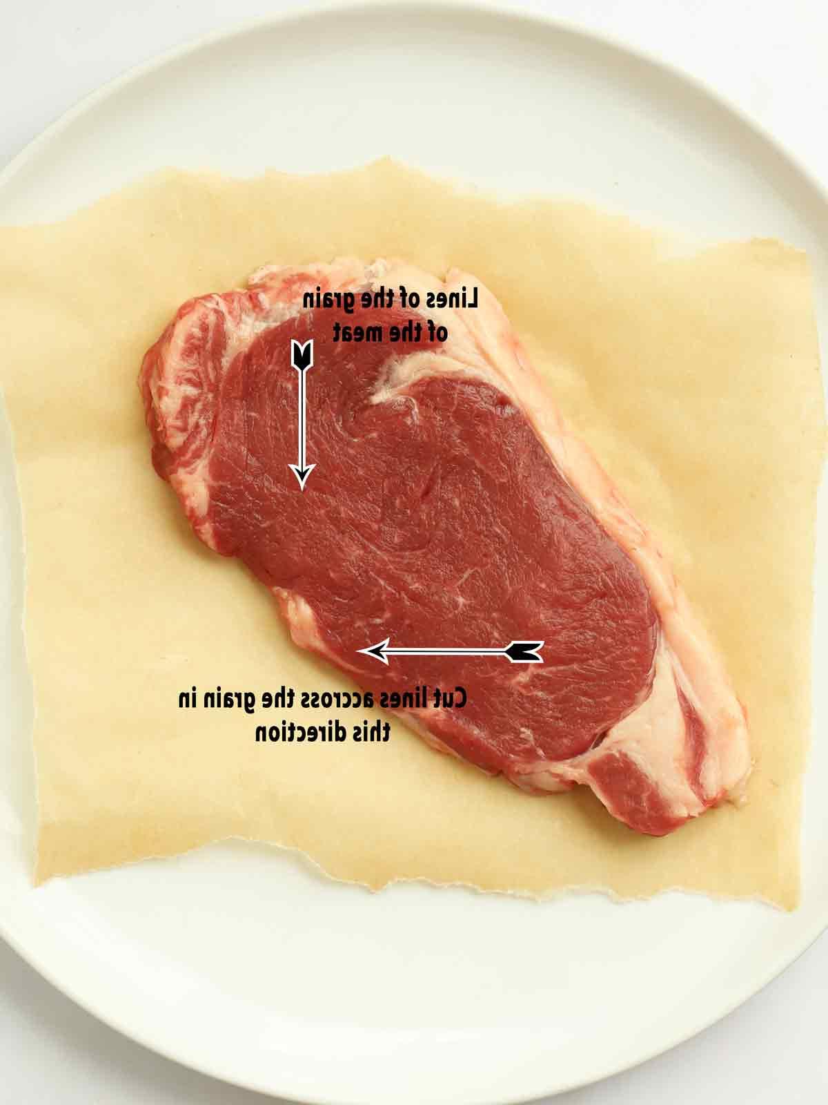 Manzo Glassato e Noodles {Monopadella} 9 Bistecca cruda che mostra come tagliare la carne controfibra.