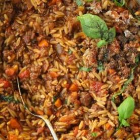 Piano Pasti 22 {Nuovi Preferiti di Famiglia} 4 Primo piano di un grande piatto di orzo di manzo con bolognese.