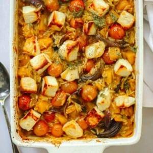 Risoni al Forno con Halloumi e Zucca Butternut 7 Orzo al Forno cotto con pomodori e halloumi.
