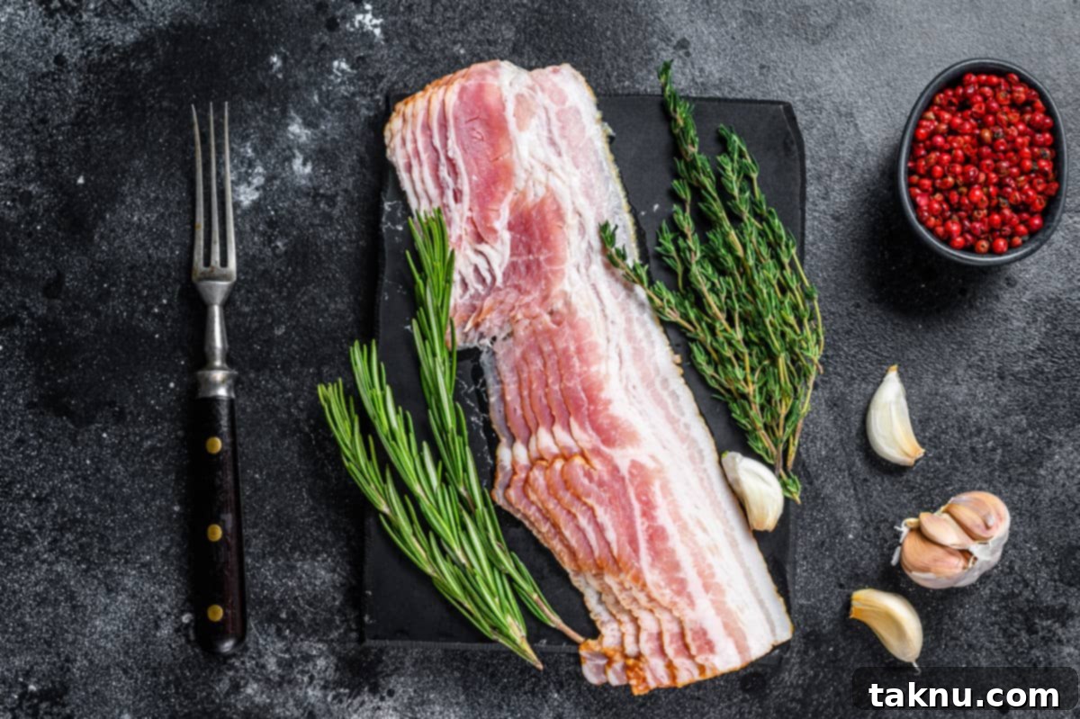 bacon on black plate with seasonings around bacon