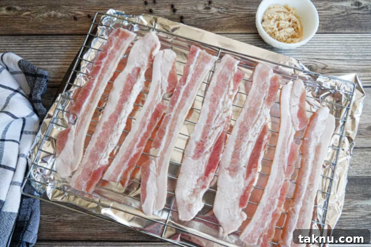 Bacon on oven tray with towel and dish with brown sugar in background