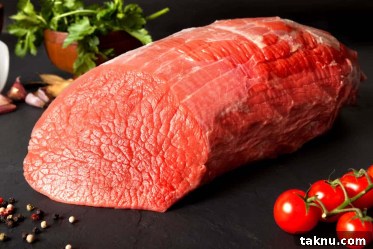 beef Eye of round on dark cutting board with spices, showcasing the best meat for beef jerky