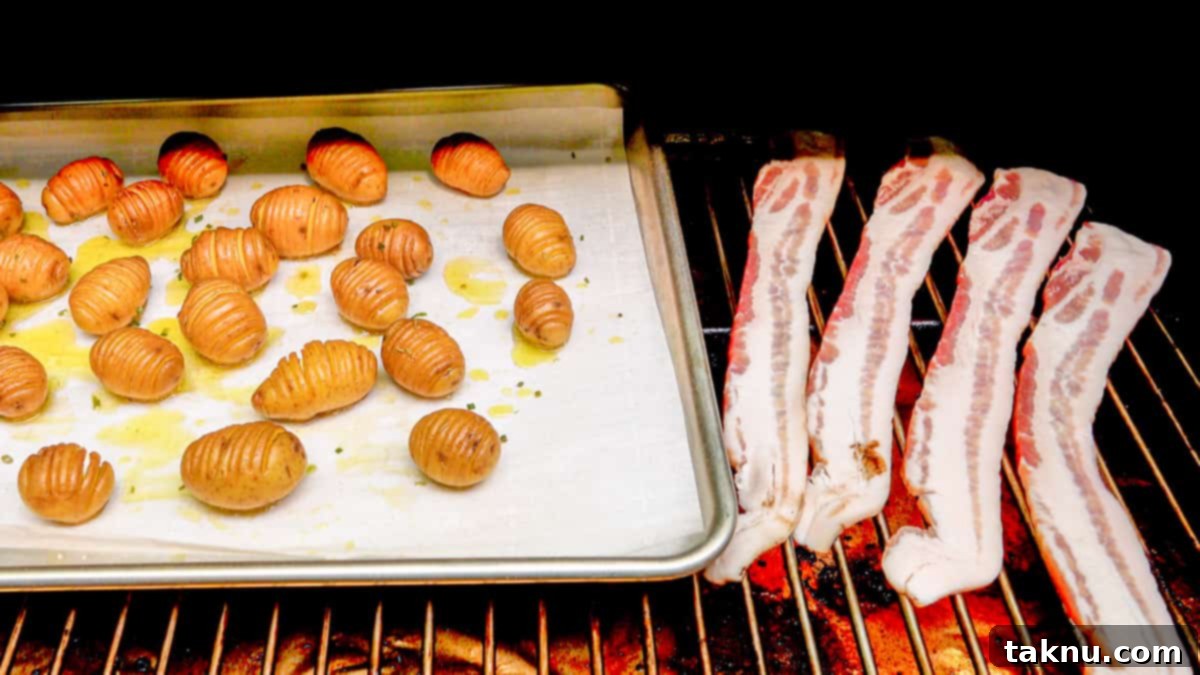 Bacon strips cooking on a cast iron pan inside a smoker alongside hasselback potatoes.