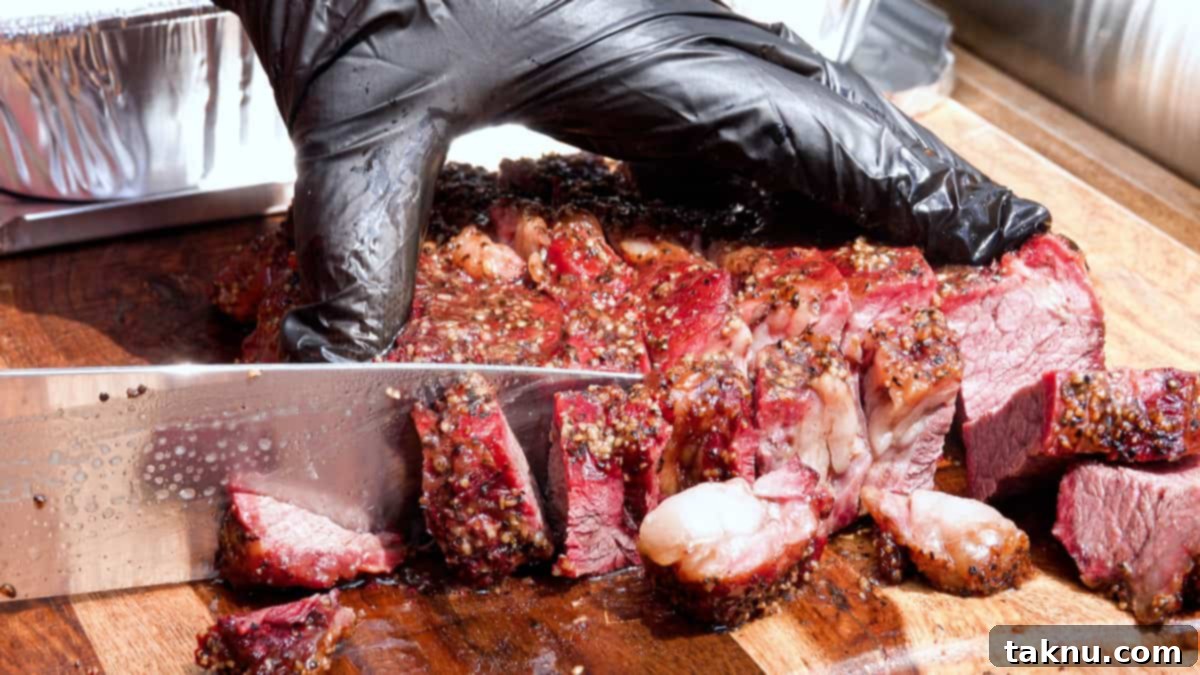 Smoked chuck roast, expertly sliced into perfect 1-inch cubes on a wooden cutting board, ready to be transformed into irresistible Poor Man's Burnt Ends.