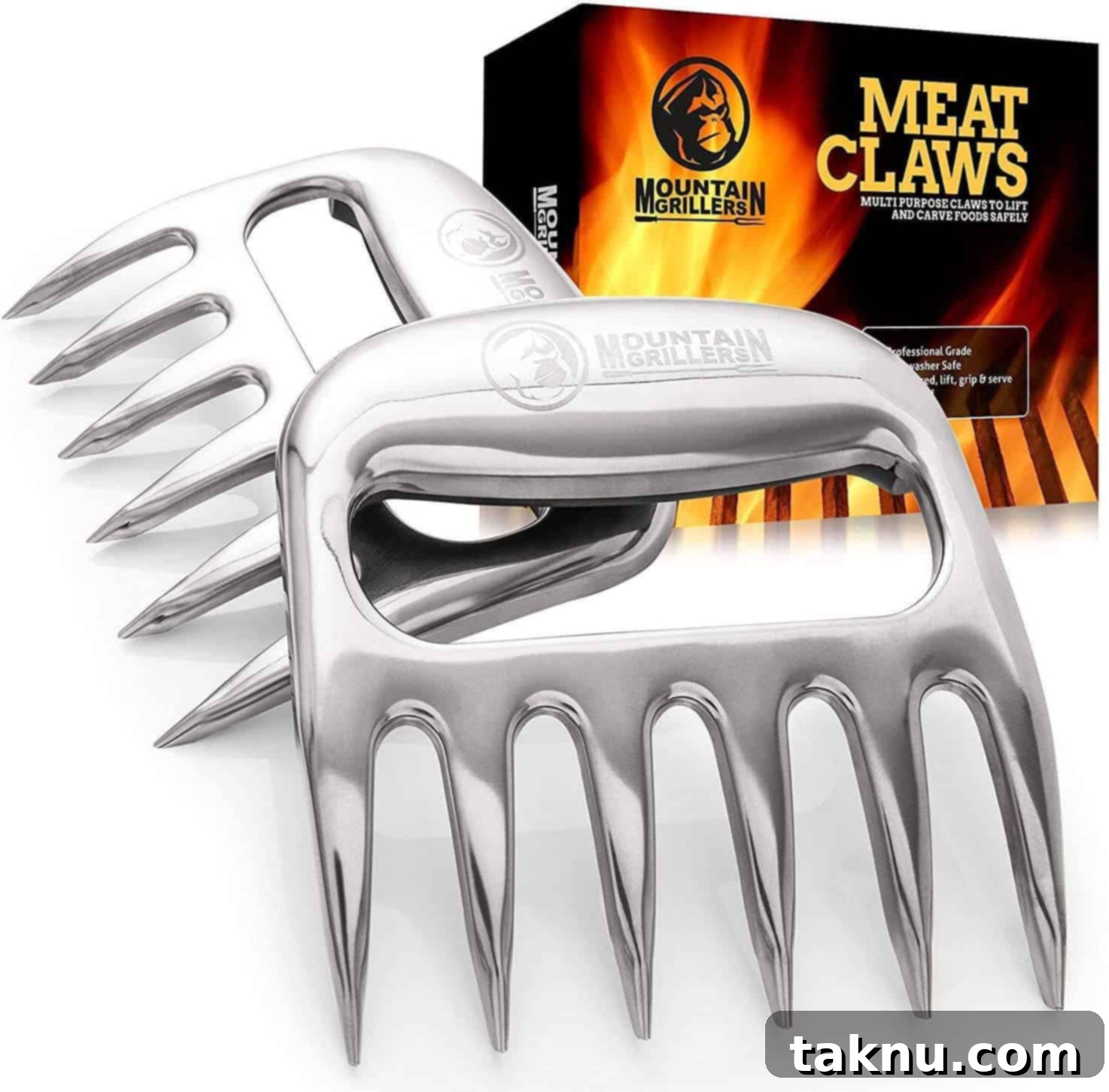 A pair of black meat claws, ideal for shredding pork, presented next to their packaging box.