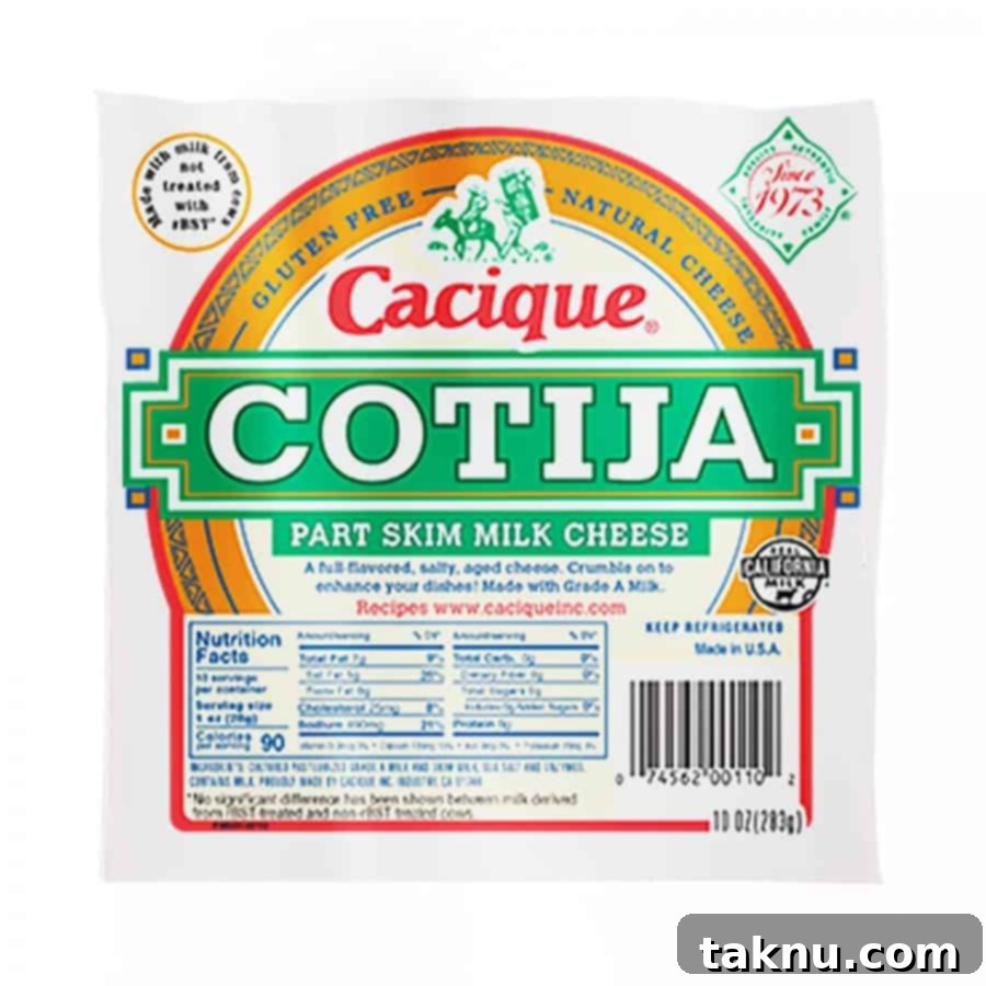 A packaged block of Cotija Mexican cheese, featuring its distinctive label.