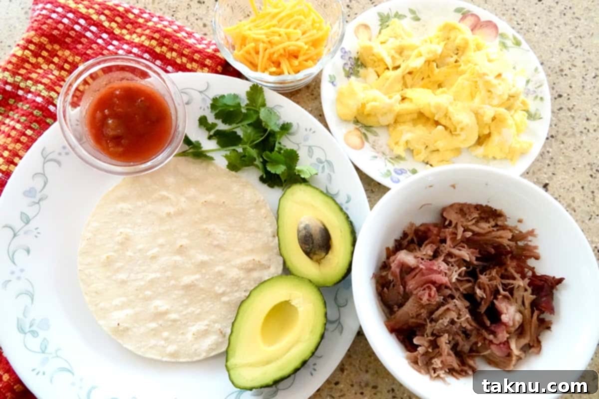 tortilla, halved avocado, salsa, cilantro, shredded cheddar cheese, scrambled eggs, pulled pork