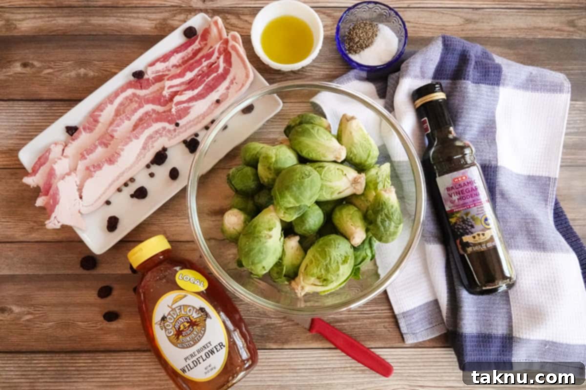 brussel sprouts, bacon, honey, salt and pepper, and balsamic vinegar on a table
