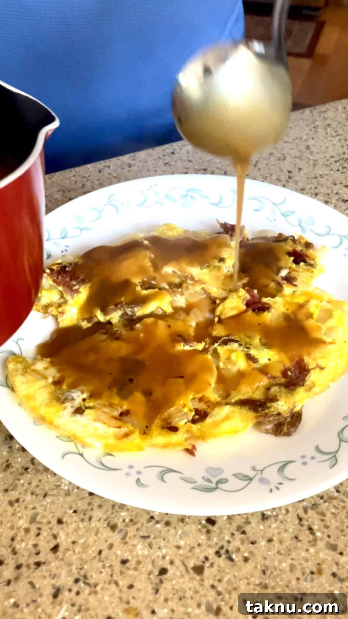 Wagner Style Pork Egg Foo Young 5 Egg omelette with pulled pork, topped with gravy, ready to be served.