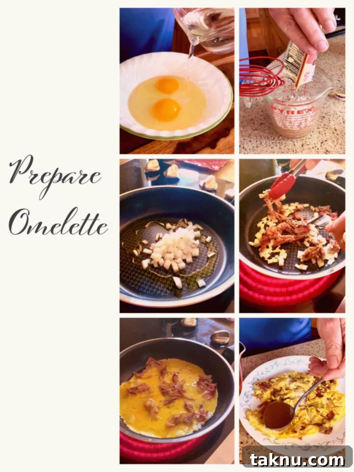 Wagner Style Pork Egg Foo Young 6 Six picture collage showing the step-by-step process of making egg foo young omelette.