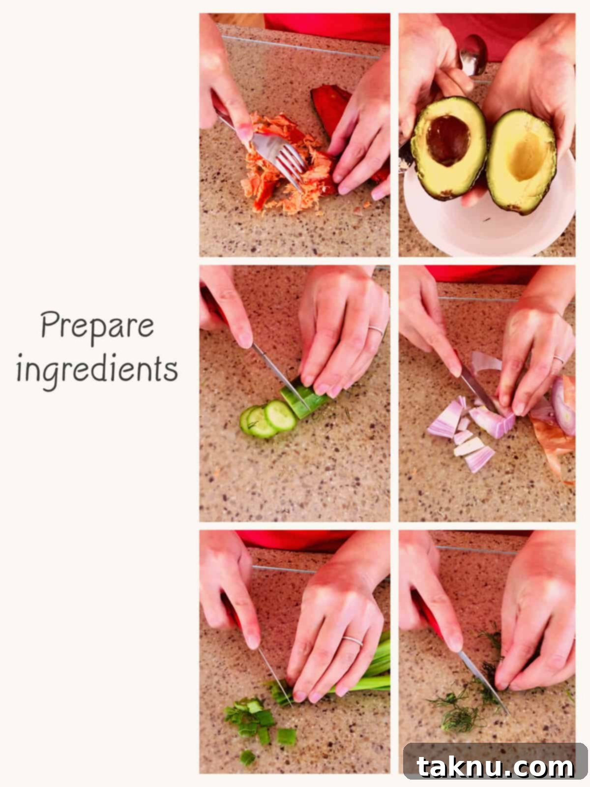 six picture collage on how to prepare ingredients for salmon toast