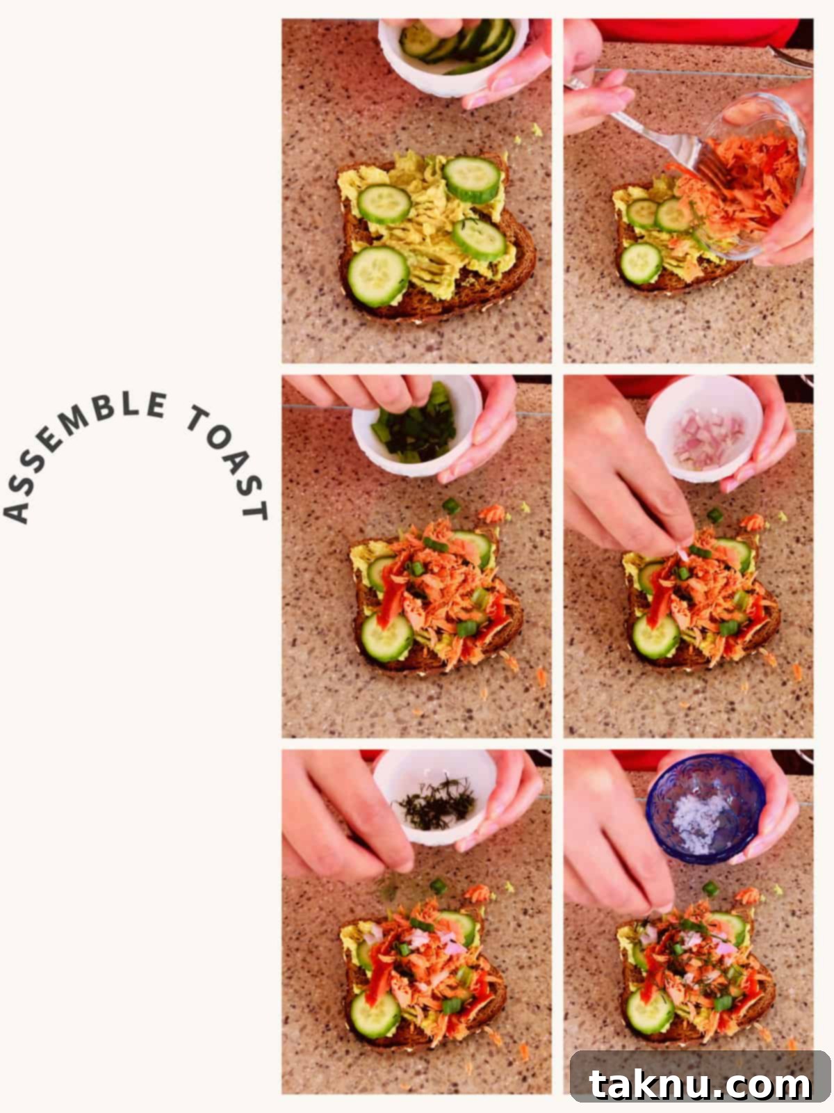 six picture collage on how to assemble salmon toast