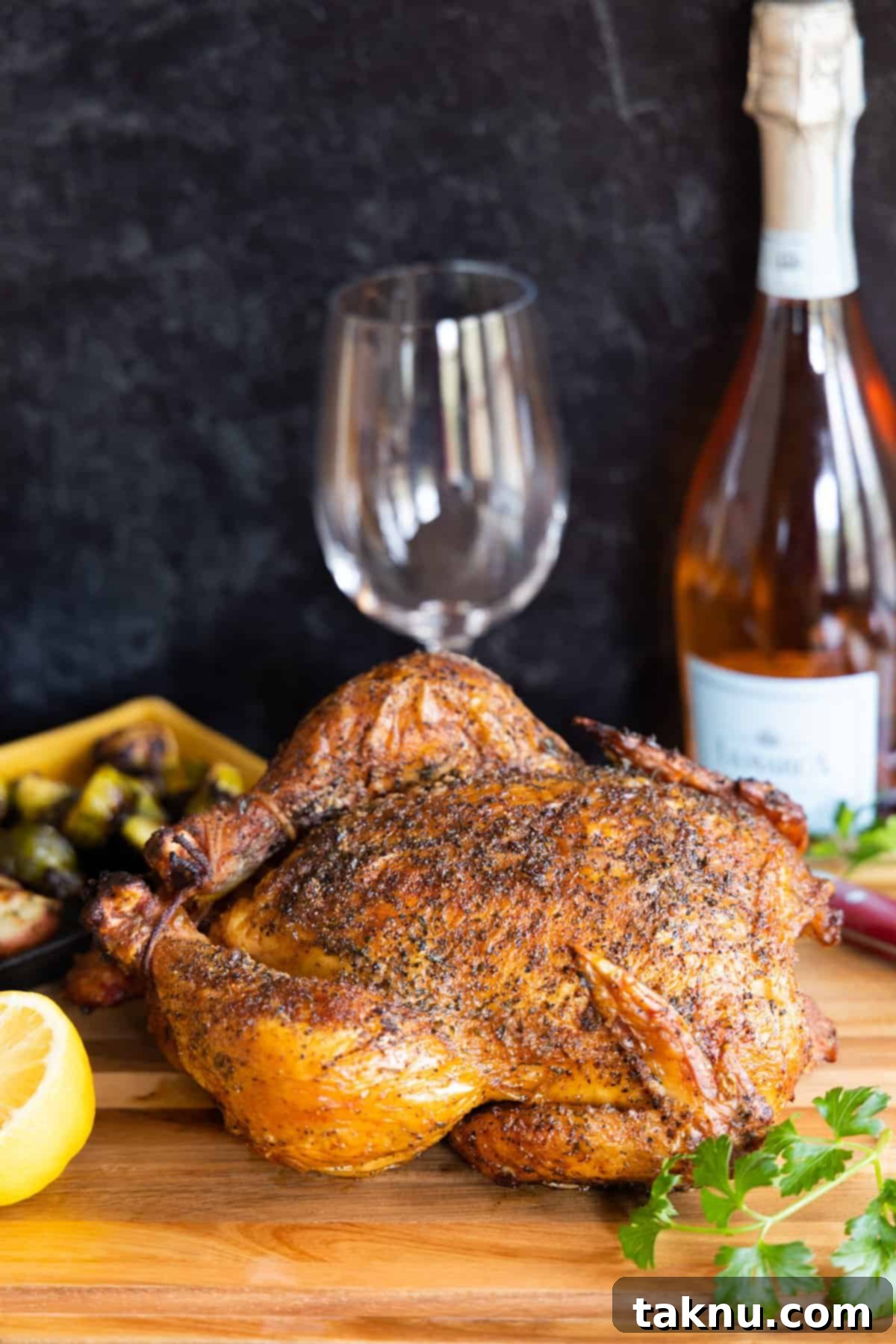 Smoked chicken on cutting board with lemons and parsley with wine bottle and glass in background