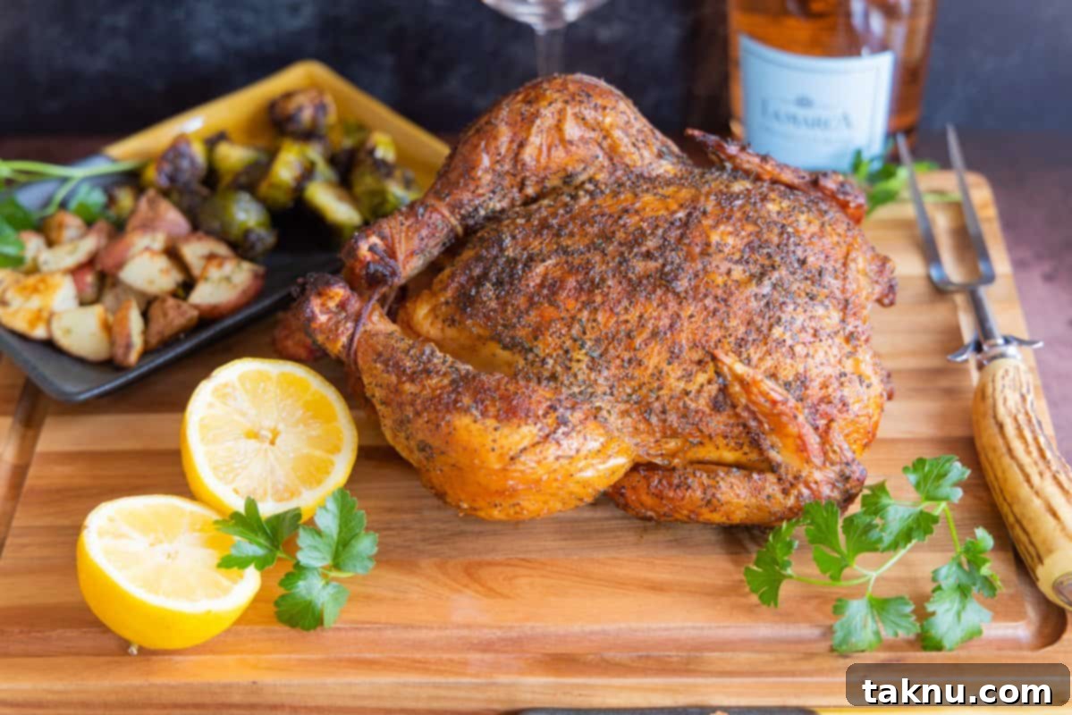 Smoked whole chicken on cutting board with lemons. Potatoes and brussel sprouts in background.