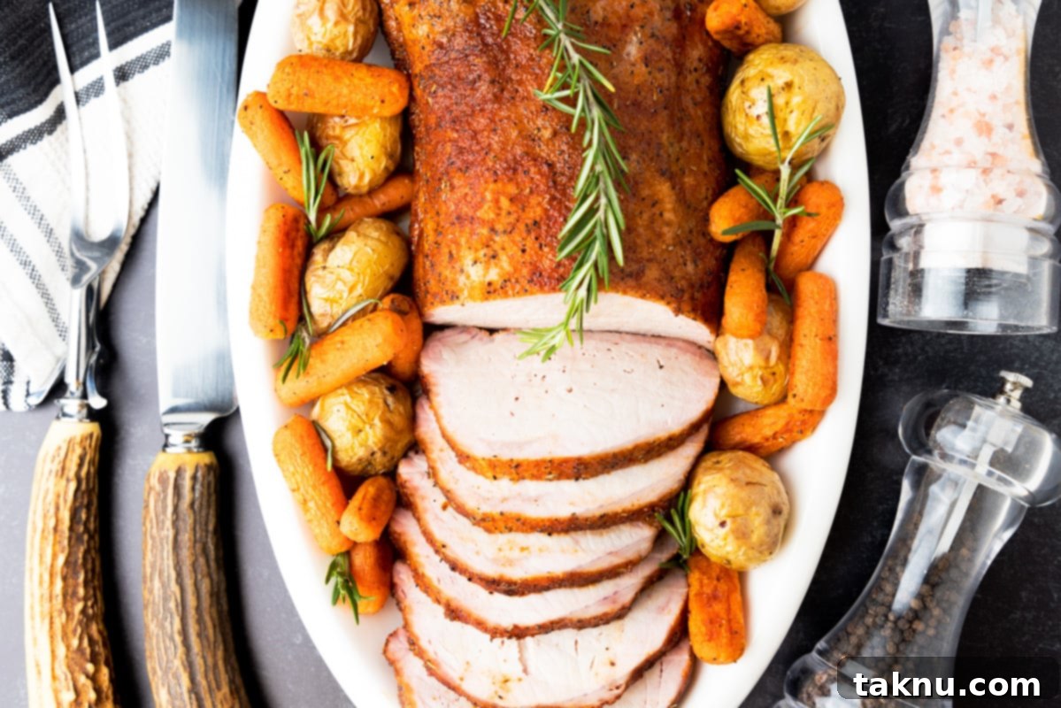 Smoked pork loin on plate with carrots and potatoes with knife and fork