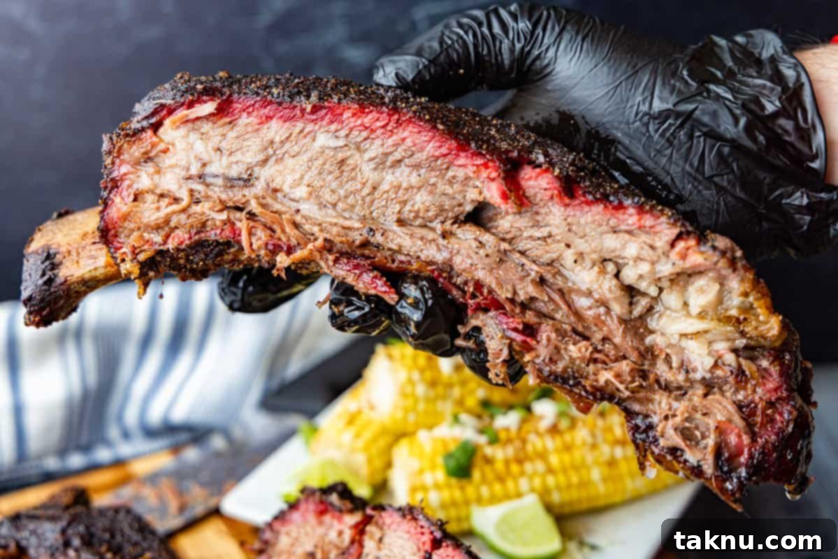 Giant Smoked Beef Ribs 16 beef rib held in hand with mexican corn on the cob in background.