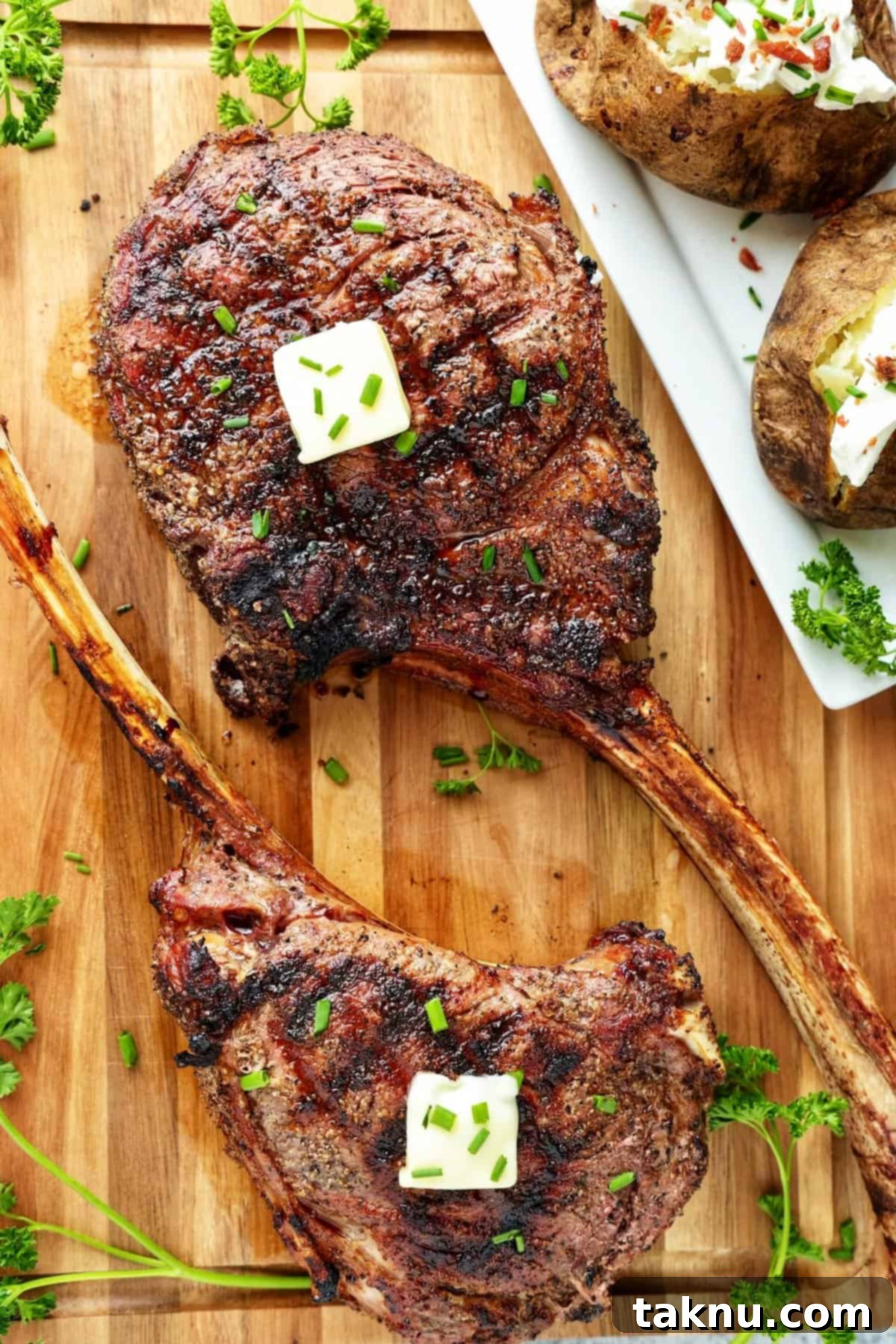 Tomahawk Steak Perfection 2 Perfectly grilled Tomahawk ribeye steak resting on a cutting board, topped with melting butter, with baked potatoes in the background.