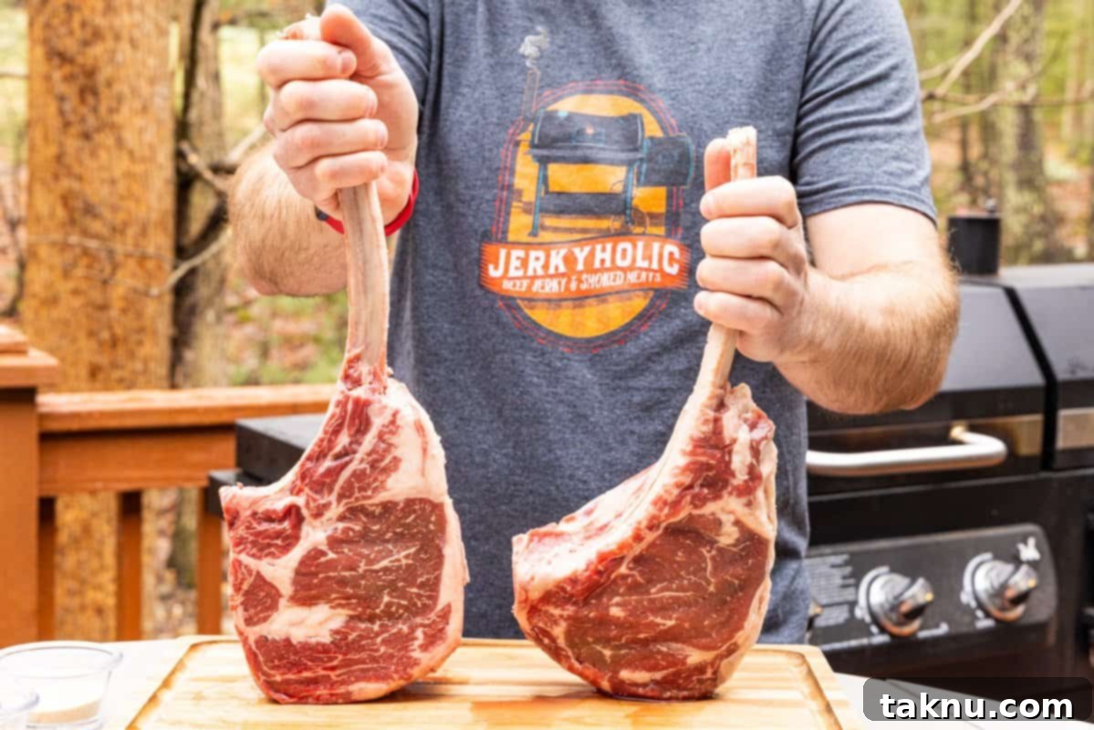 Tomahawk Steak Perfection 3 Chef holding two impressive Tomahawk ribeye steaks, ready for grilling, with a BBQ grill visible in the background.