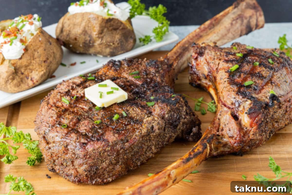 Tomahawk Steak Perfection 4 A perfectly cooked ribeye steak, generously topped with butter, rests on a wooden cutting board with two baked potatoes blurred in the background.