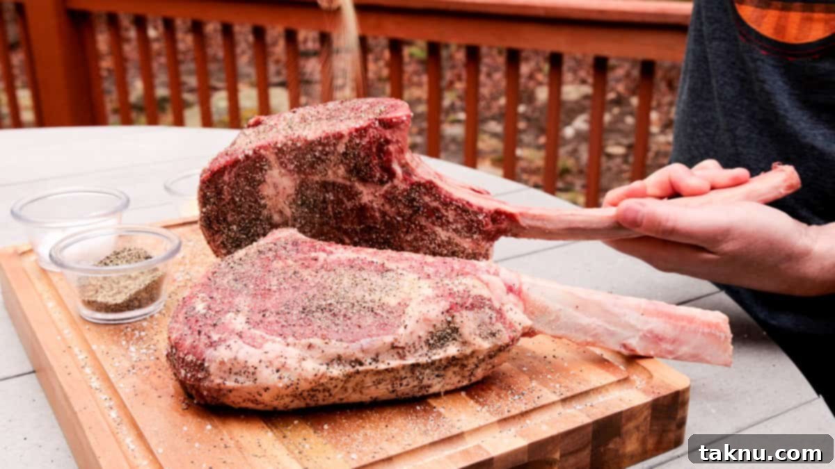 Tomahawk Steak Perfection 7 Close-up of a chef liberally seasoning large ribeye steaks with a blend of salt, pepper, and garlic on a wooden cutting board.