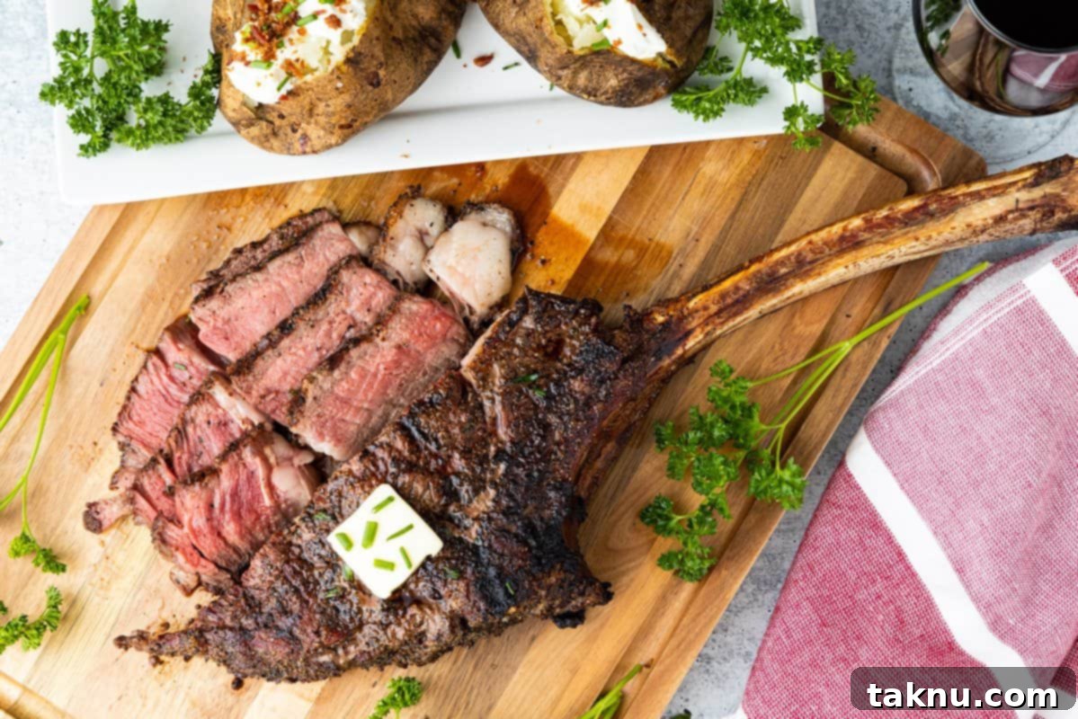 Tomahawk Steak Perfection 10 A perfectly cooked medium-rare Tomahawk ribeye steak, sliced and topped with butter, rests on a cutting board, with a red kitchen towel and baked potatoes in the background.
