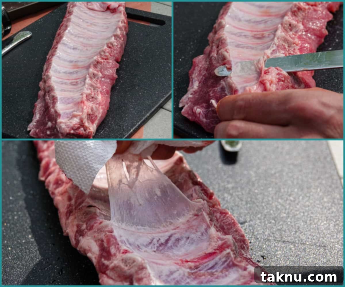 A series of three images showing the process of removing the thin membrane from the bone side of baby back ribs using a dull knife and paper towel.