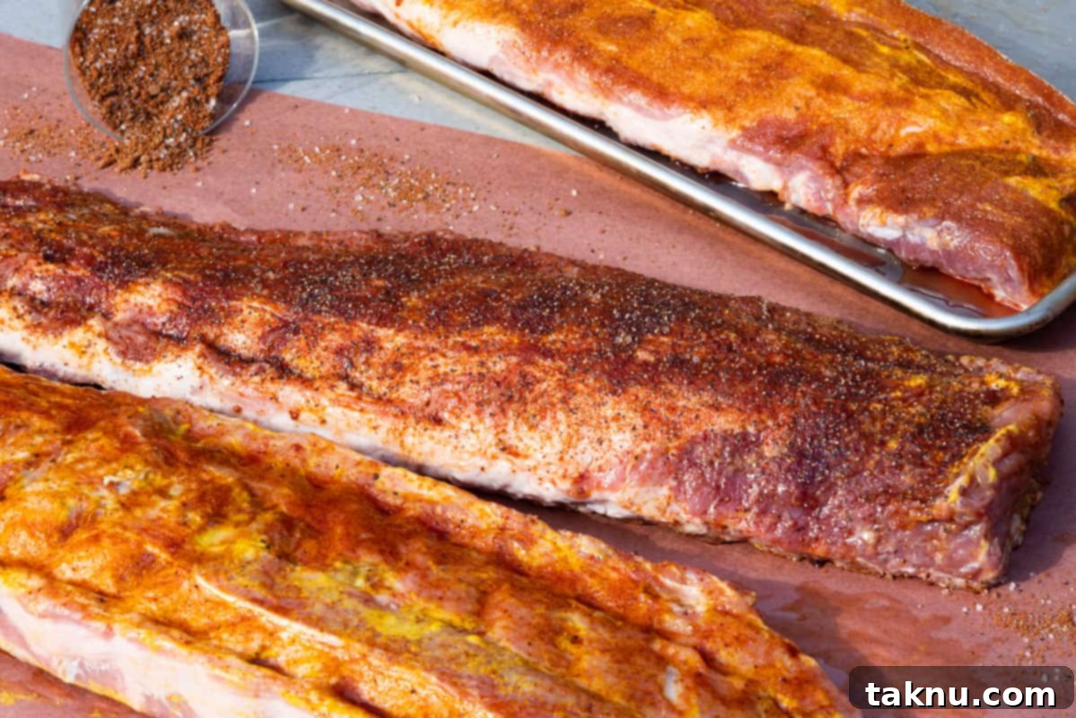 Racks of raw pork ribs generously seasoned with a homemade dry rub, sitting on butcher paper alongside a jar of mixed spices.