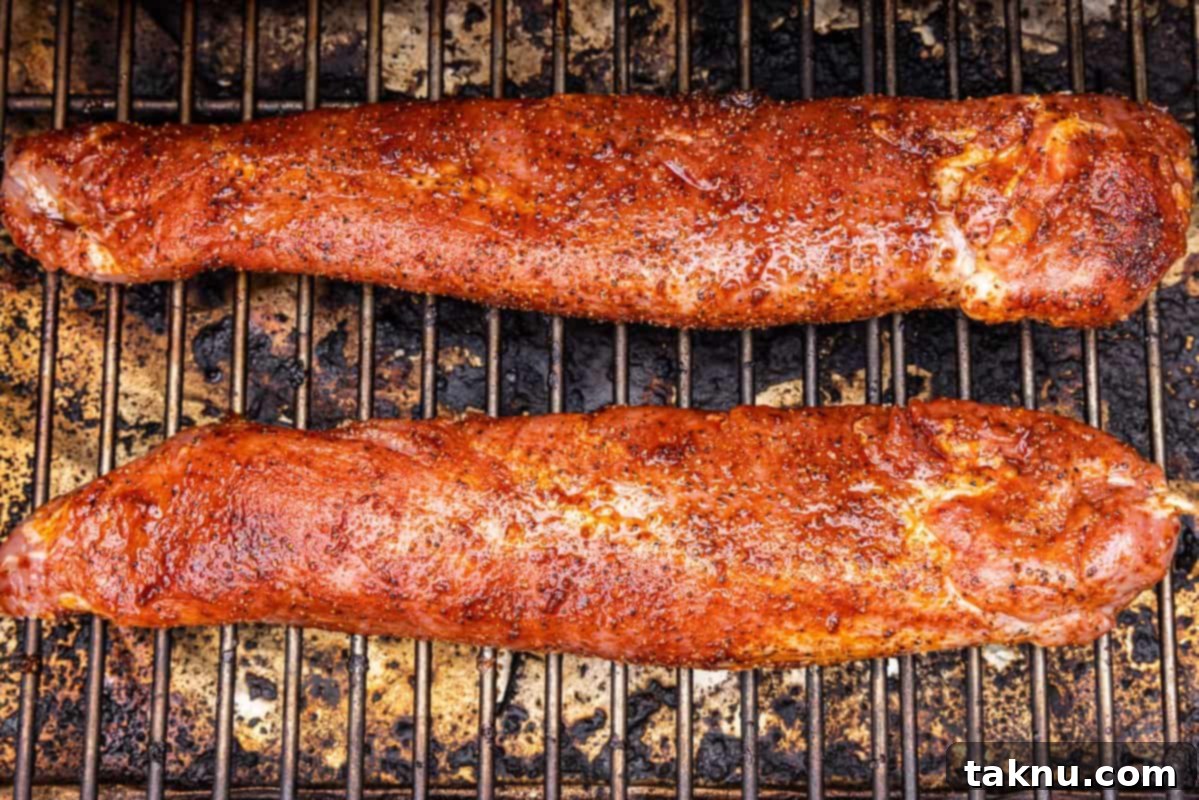 Two perfectly seasoned pork tenderloins resting on a smoker grill grate, ready to cook.