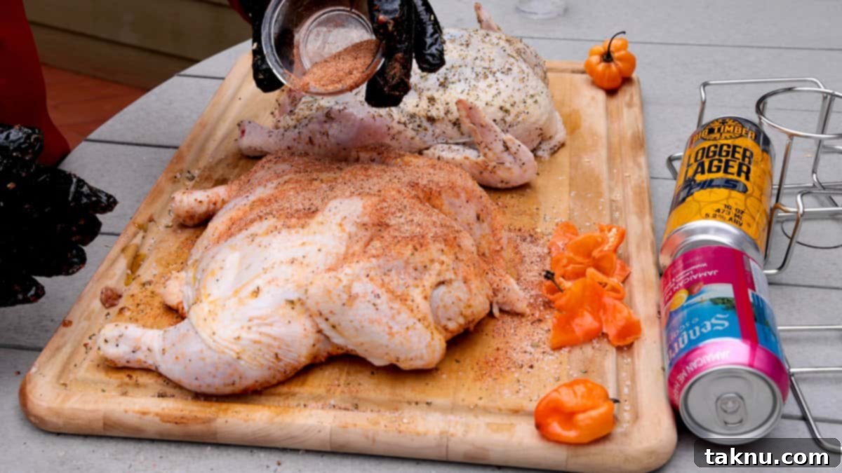 Ultimate Smoked Beer Can Chicken 5 Chickens on a cutting board being seasoned with a dry rub, with fresh habanero peppers and beer cans visible in the background.