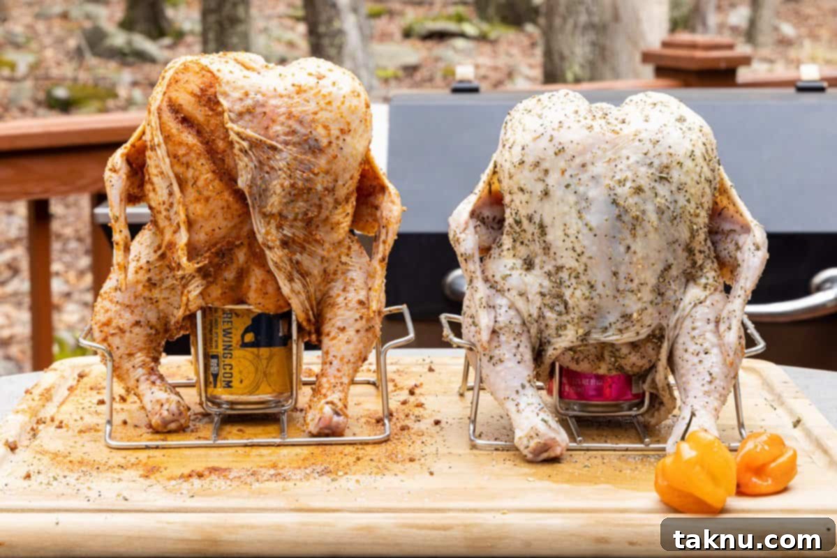 Ultimate Smoked Beer Can Chicken 6 Two seasoned chickens sitting upright on beer cans and stands on a cutting board, prepared for the smoker.