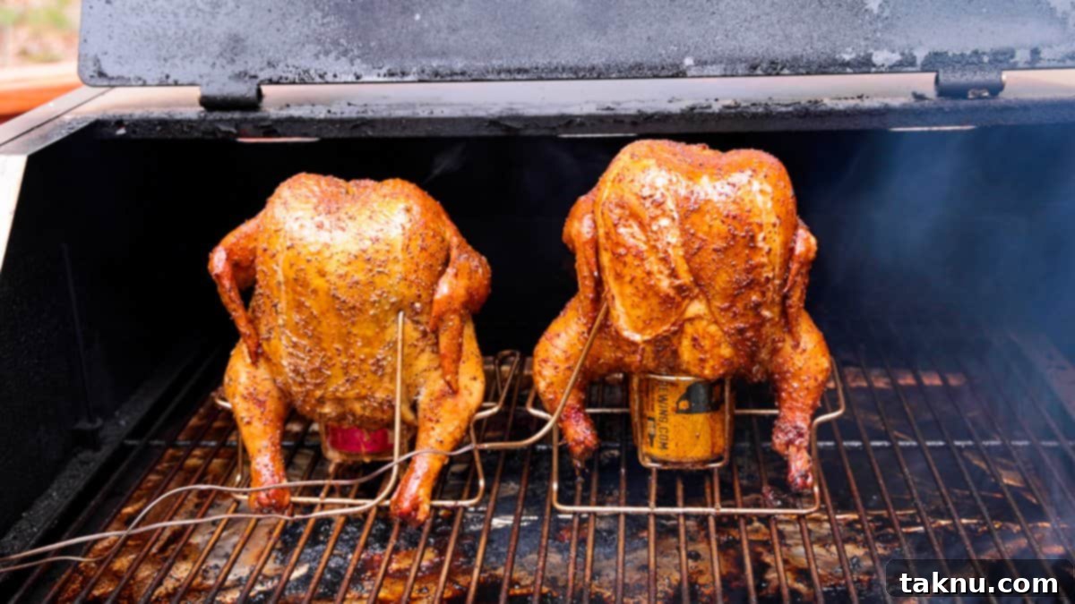 Ultimate Smoked Beer Can Chicken 9 Two perfectly cooked chickens finished on the grill, still standing upright on their beer cans, glistening and ready for resting.