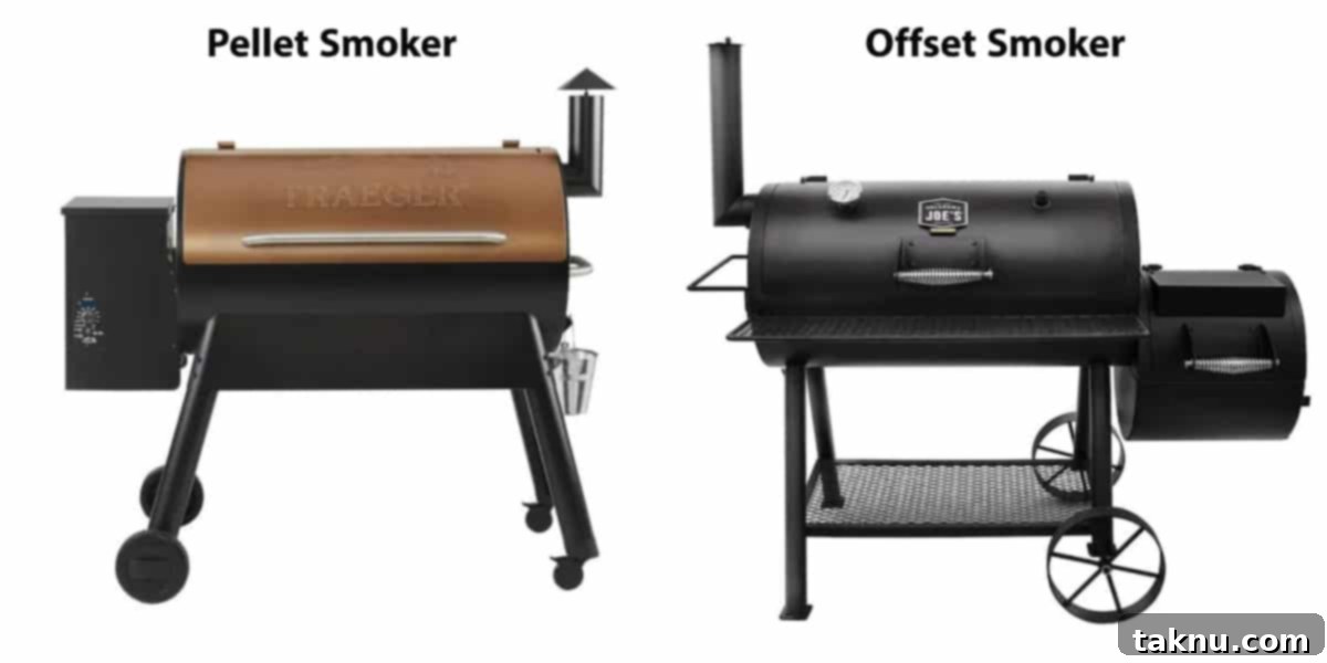 Ultimate Smoked Beer Can Chicken 10 A versatile pellet smoker positioned next to a traditional offset smoker, illustrating different smoking equipment options for enthusiasts.
