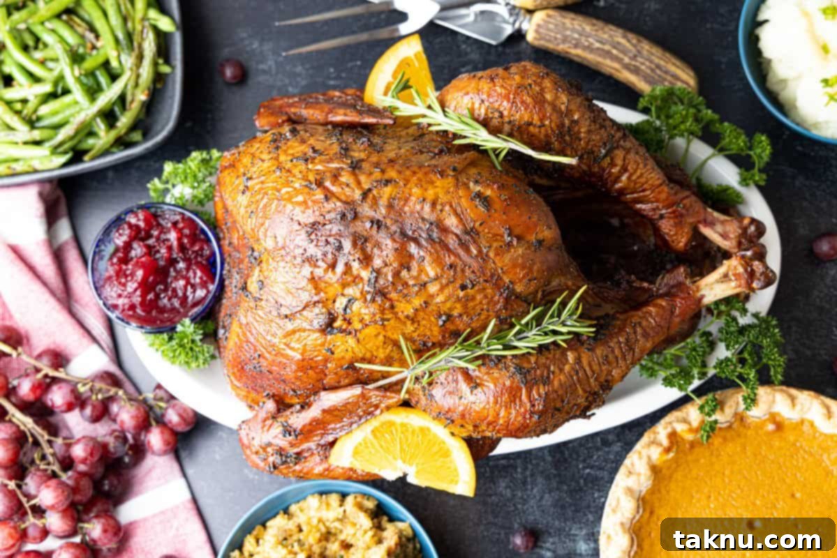 Crispy Skinned Smoked Turkey Masterpiece 11 A full view of the magnificent smoked turkey on a white platter, surrounded by a festive arrangement of pumpkin pie and other delicious side dishes, creating a complete holiday spread.
