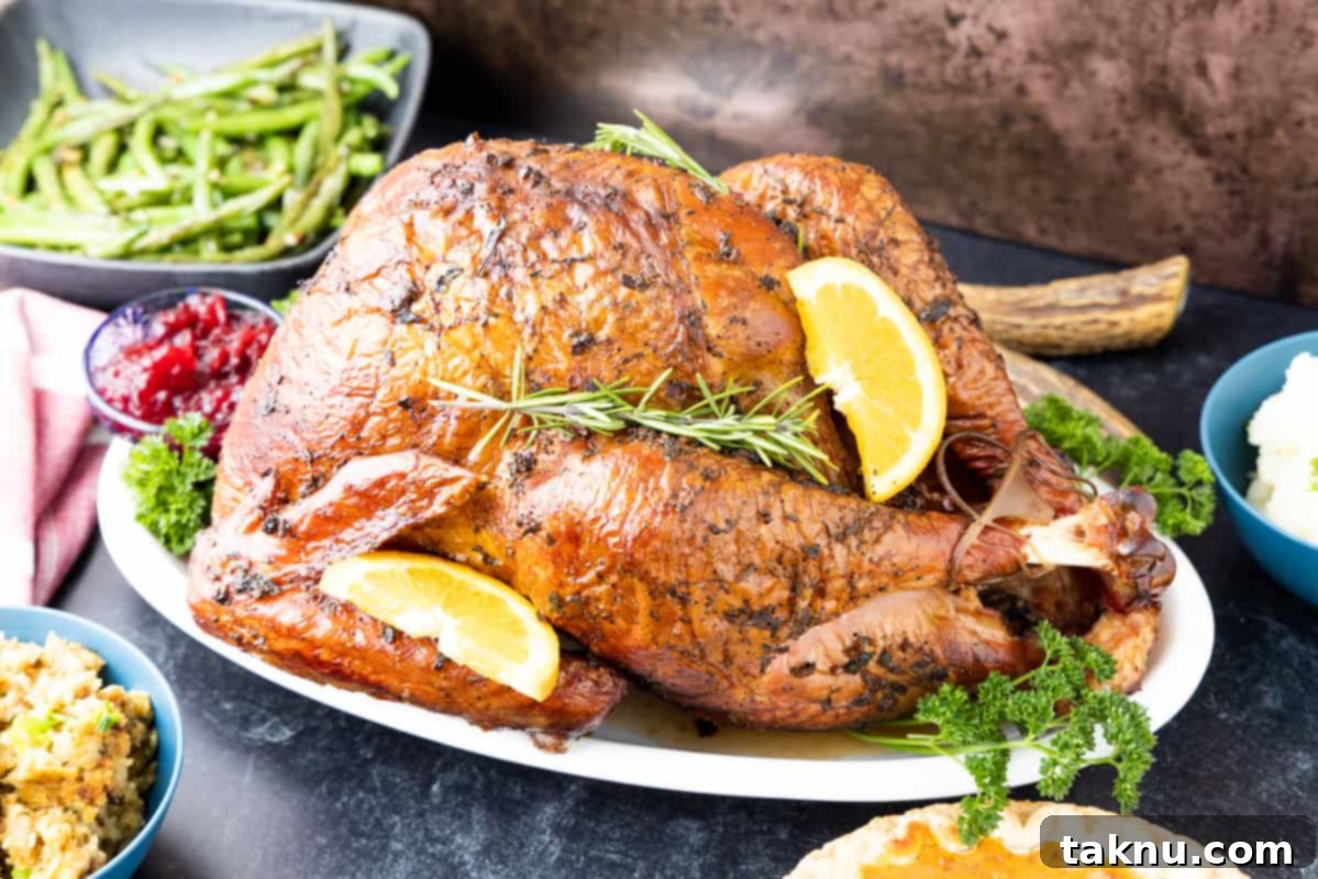 Crispy Skinned Smoked Turkey Masterpiece 12 A beautifully smoked whole turkey, moist and golden, presented on a white platter with various enticing side dishes arranged around it.