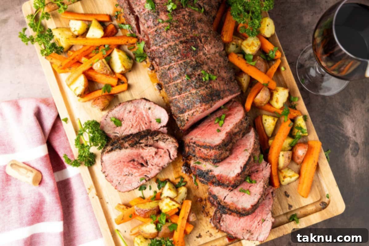 A perfectly smoked beef tenderloin, sliced medium-rare, surrounded by roasted vegetables.