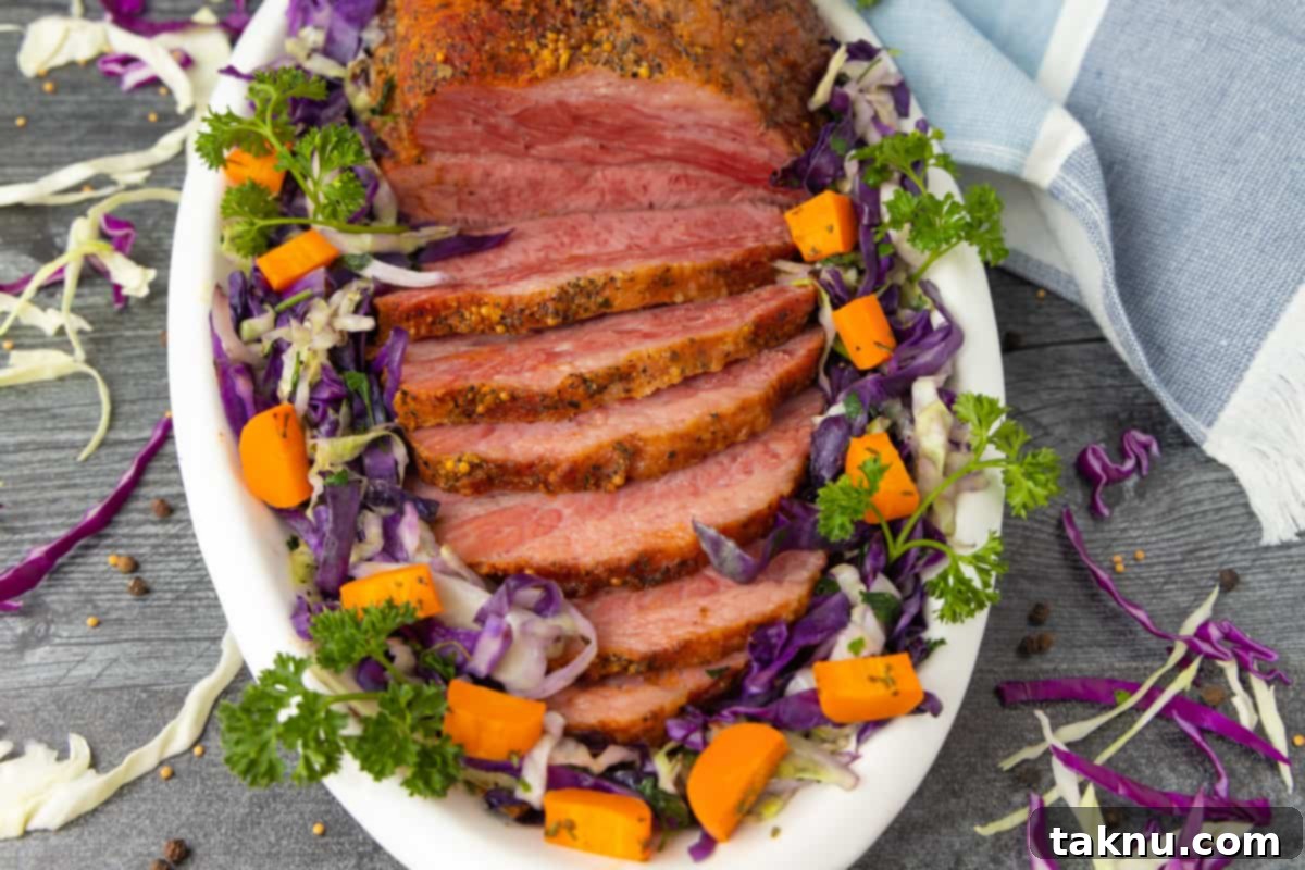 Slow-Smoked Corned Beef 11 Smoked corned beef brisket on a white platter with cabbage and a dish towel under plate.