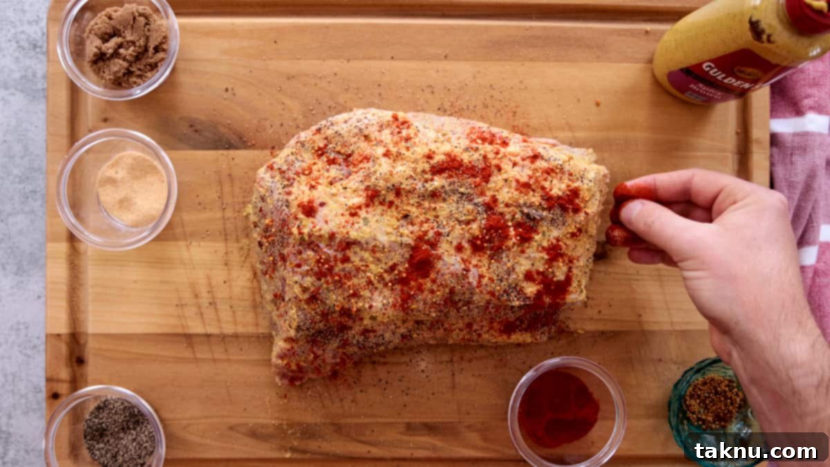 Slow-Smoked Corned Beef 6 A raw corned beef brisket being generously seasoned with a spice rub on a cutting board.