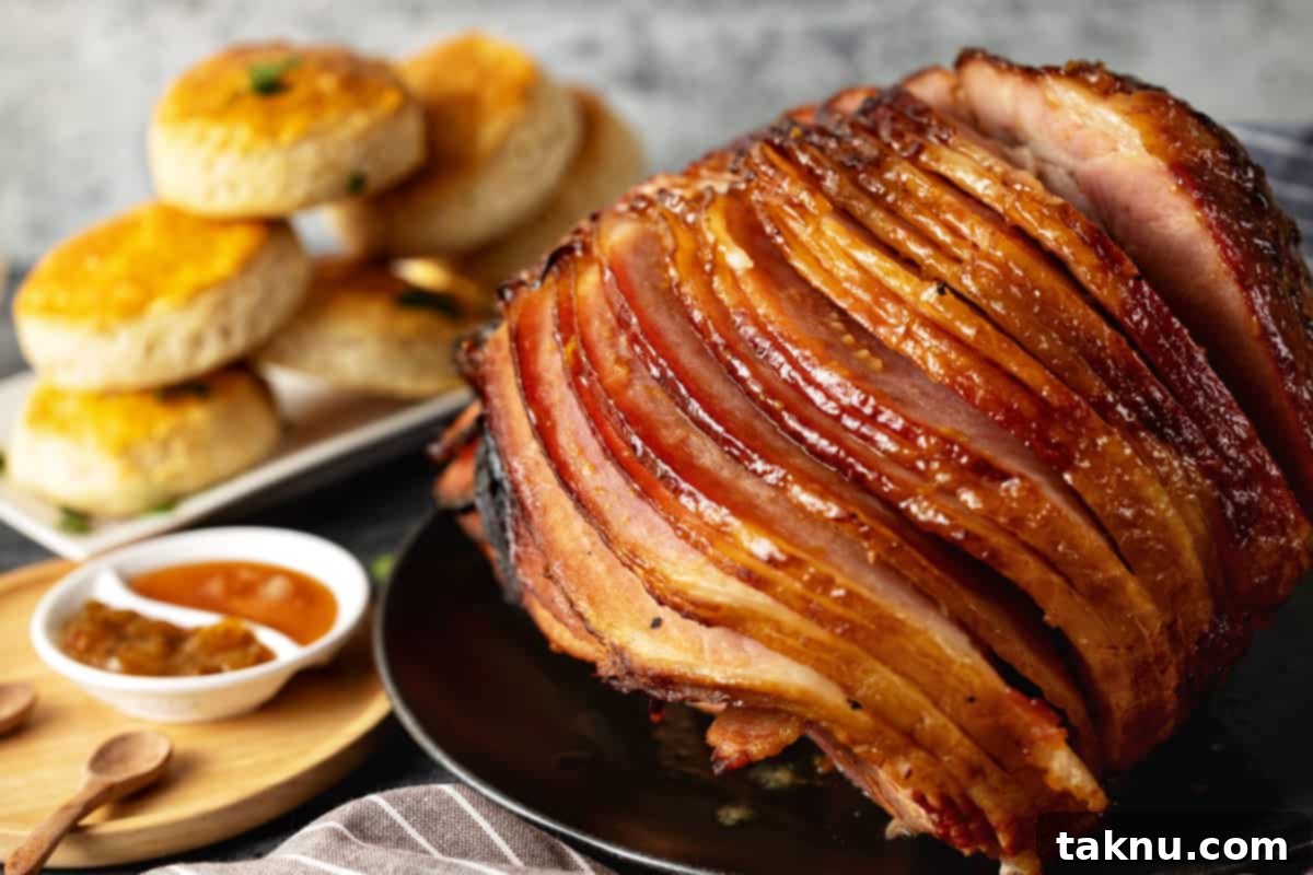 Sweet Apricot Smoked Ham 9 Spiral ham on black plate with biscuits and jam in background.