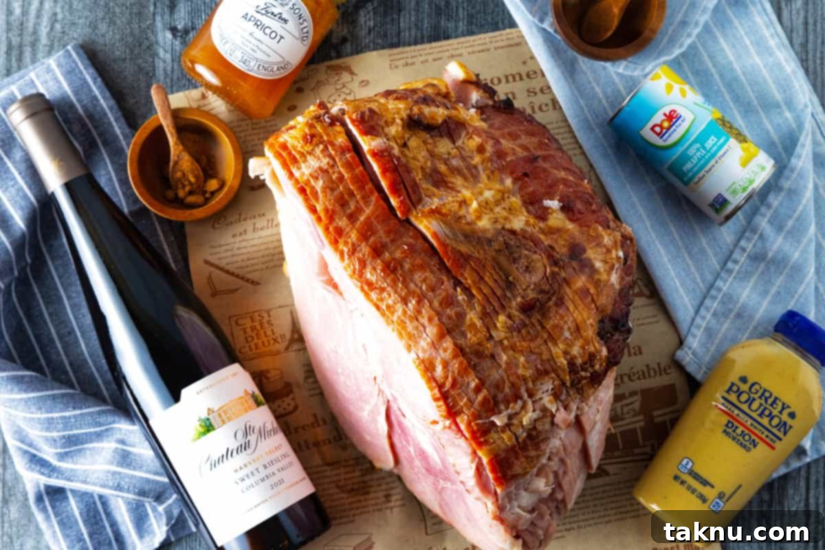 Sweet Apricot Smoked Ham 3 Uncooked spiral ham on a cutting board, surrounded by bottles of Riesling wine, Dijon mustard, and pineapple juice, ready for preparation.