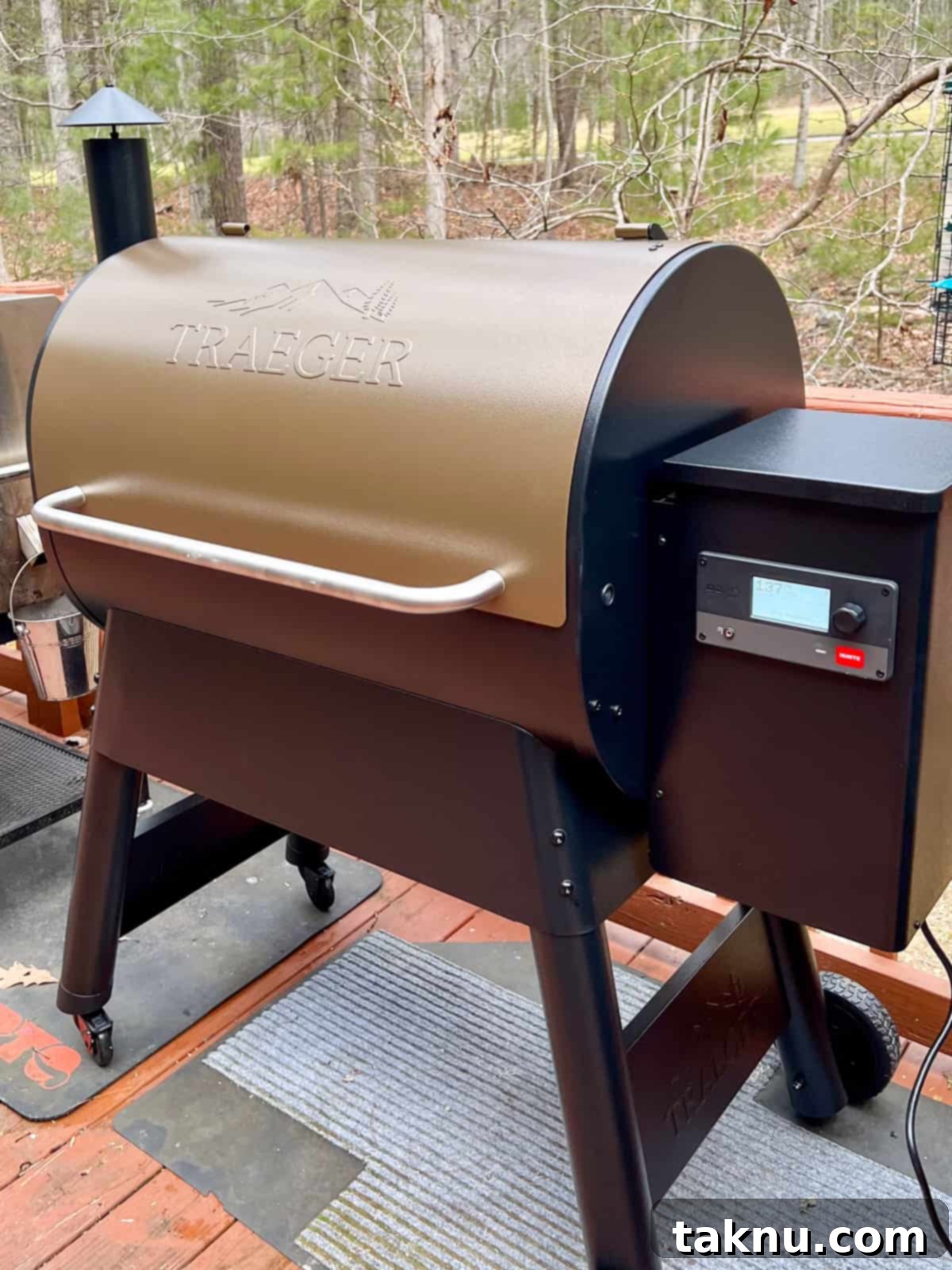 Traeger Smoked Buttermilk Chicken 8 A sleek Traeger grill on a deck with lush woods in the background, ready for smoking.