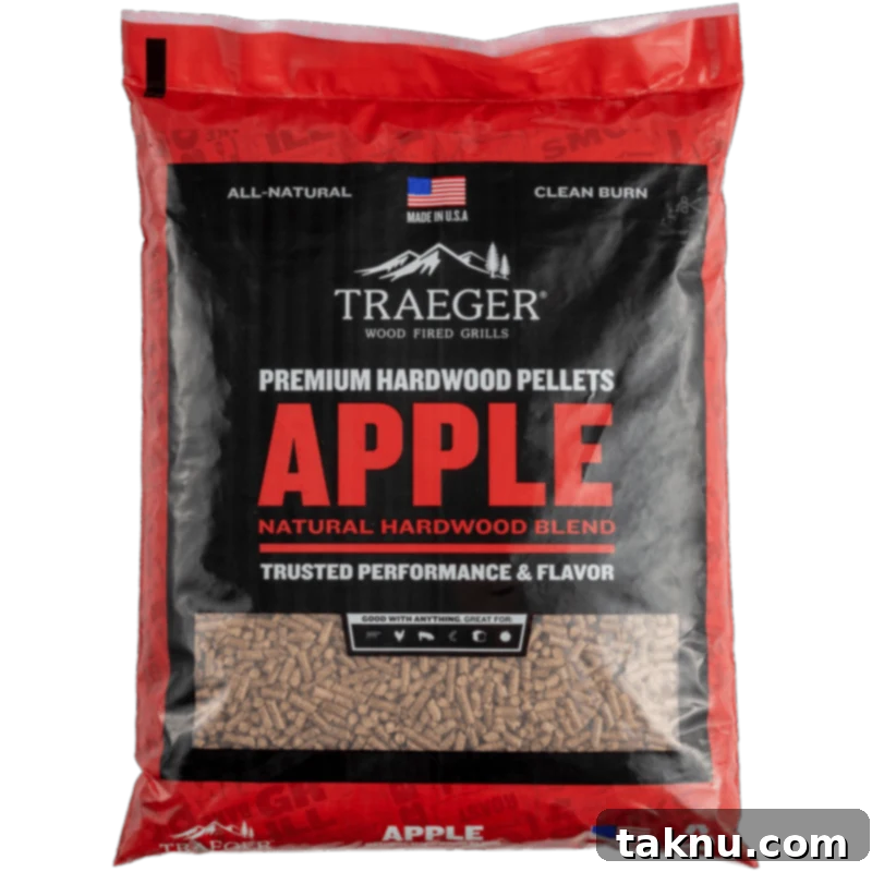 Traeger Smoked Buttermilk Chicken 9 A bag of Traeger apple wood pellets, ideal for smoking chicken.