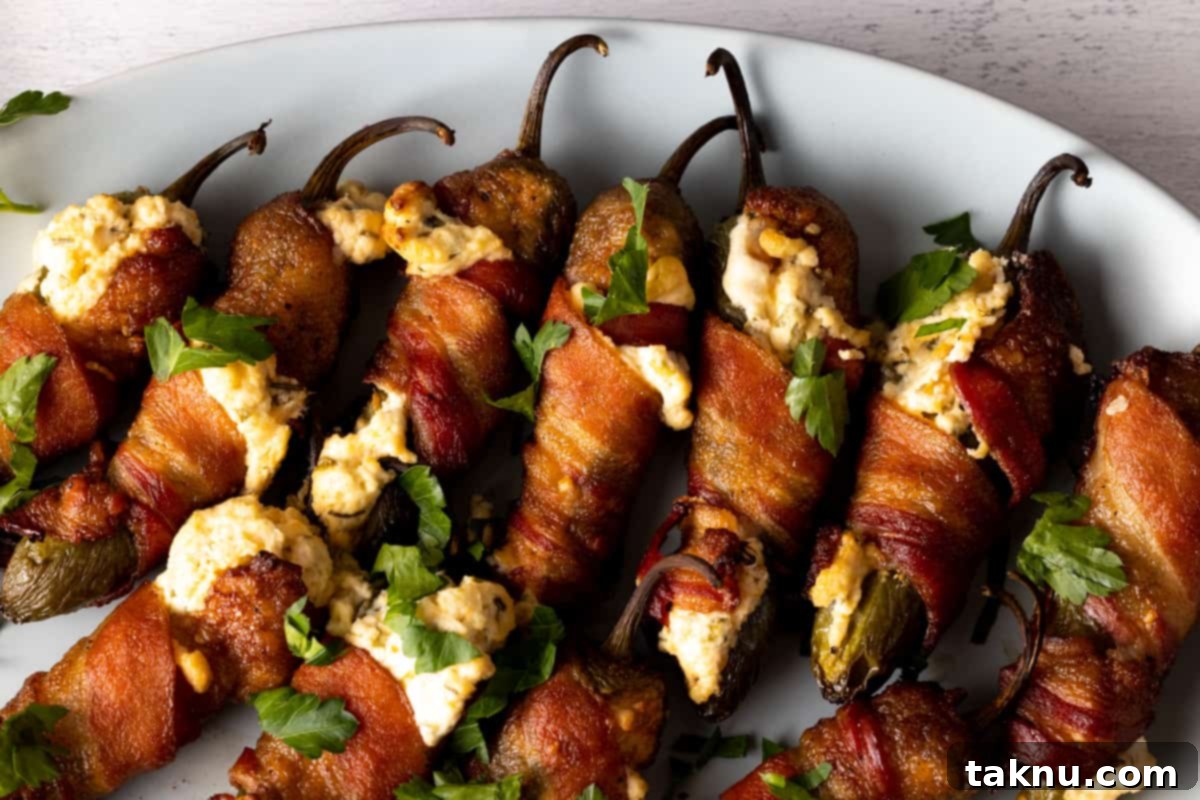 Fiery Smoked Jalapeño Bites 8 Cooked cream cheese stuffed bacon wrapped jalapenos on white plate.
