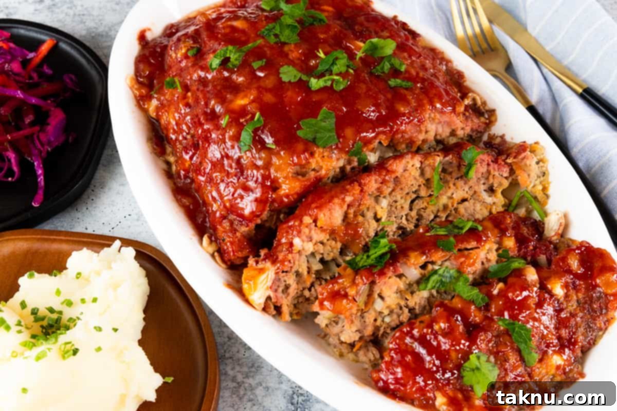Meatloaf on white platter with sides of cabbage and mashed potatoes on wooden plates, perfectly cooked.