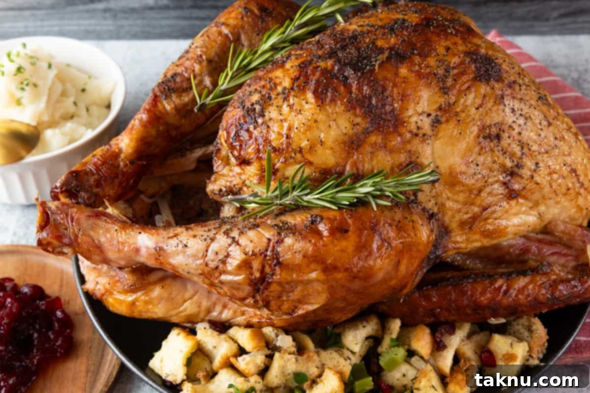 Cooked turkey on bed of stuffing with mashed potatoes in white bowl.