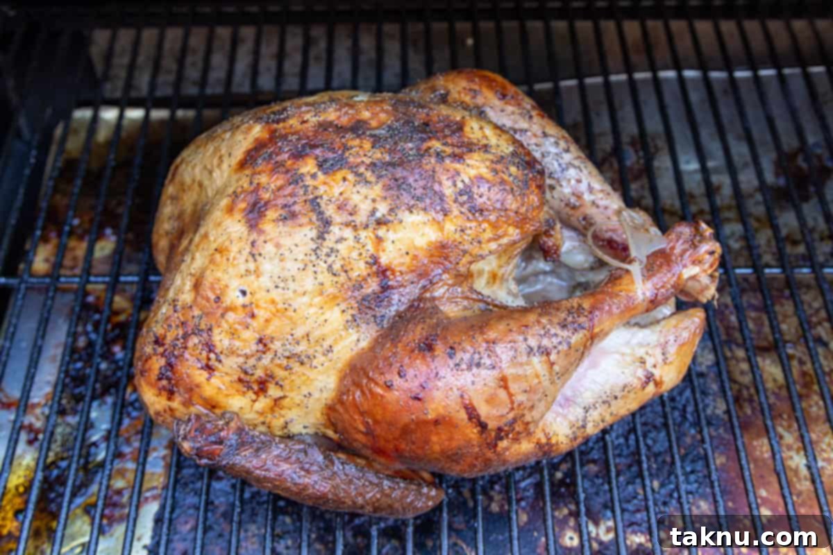 Turkey being smoked on a grill.