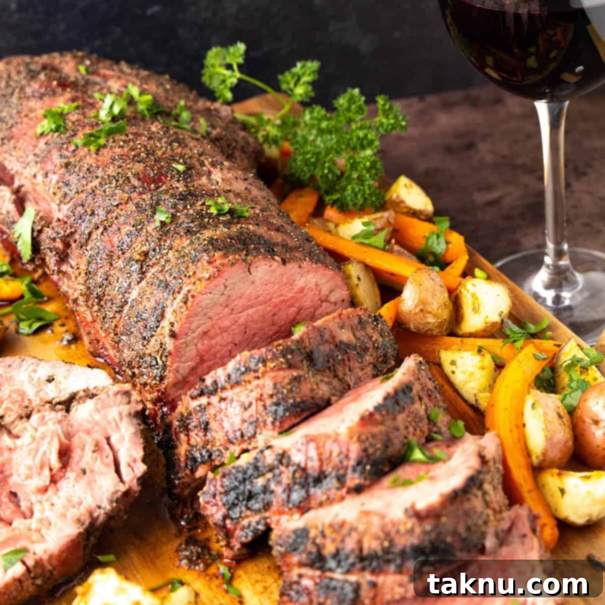 Sizzling Christmas BBQ Recipes 2 beef tenderloin on cutting board sliced half way up roast and surrounded by potatoes and carrots.