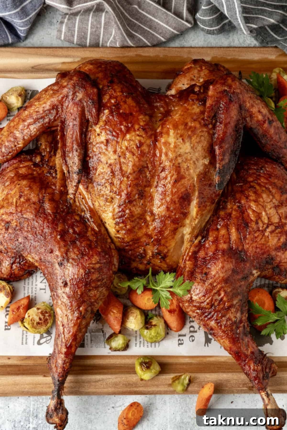 Fiery Sriracha Smoked Spatchcock Turkey 2 Smoked spatchcock turkey on cutting board with vegetables surrounding bird.