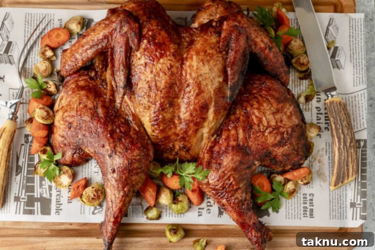 Fiery Sriracha Smoked Spatchcock Turkey 10 Spatchcock smoked turkey on cutting board atop butcher paper with vegetables and a carving knife and fork surrounding bird.