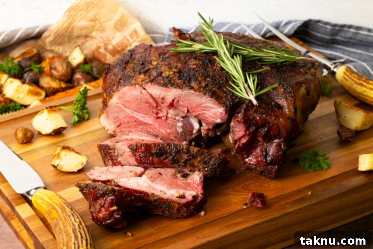 Sliced leg of lamb on cutting board topped with rosemary.